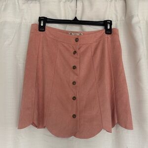 Pink Faux Suede Button Up Skirt with Scallop Hem